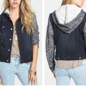Free People Denim Knit Sleeve Hooded Distressed Jean Trucker Jacket